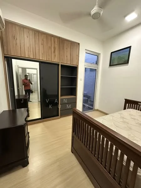 Bedroom features: wooden flooring, white painted walls, ceiling fan, built-in wardrobe with sliding mirror doors, wooden dresser, queen-size bed, window with natural light, decorative wall art; style: modern.