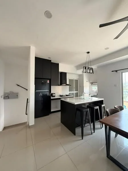 Kitchen features: black cabinetry, white countertop, stainless-steel fridge, built-in oven, 4-burner gas hob, pendant lighting, island with seating, ceramic tile flooring, recessed downlights, floor-to-ceiling windows, open layout, bar stools; style: modern; view: city.