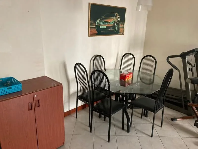 Dining features: round glass dining table, 6 black dining chairs, wooden side cabinet, framed artwork on wall, tile flooring, white painted walls, ceiling light fixture; style: modern.