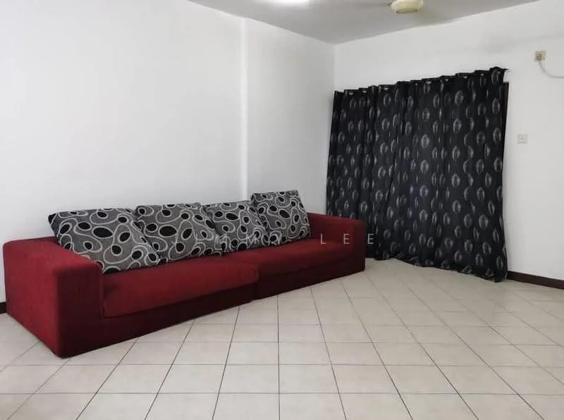 Living features: red fabric sofa with patterned cushions, cream painted walls, tiled flooring, black curtains with white pattern, ceiling fan, light switch on wall.