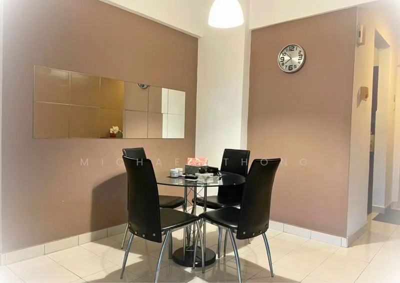 Dining features: round glass dining table, four black leather dining chairs, cream tiled flooring, brown painted walls, wall clock, mirror on wall, pendant light fixture; style: modern.