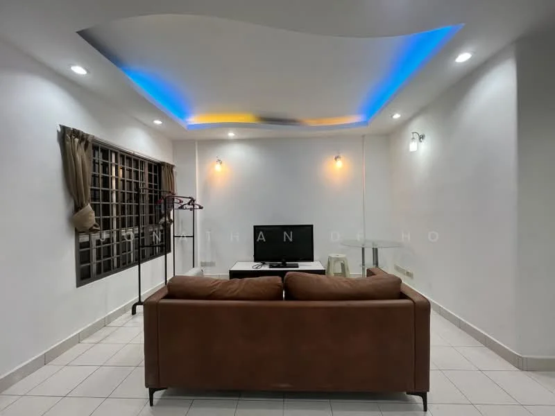 Living features: brown leather sofa, black coffee table, wall-mounted TV, recessed LED downlights, blue accent lighting on ceiling, white painted walls, tile flooring, window with black grille, curtains, decorative wall sconce; style: modern.