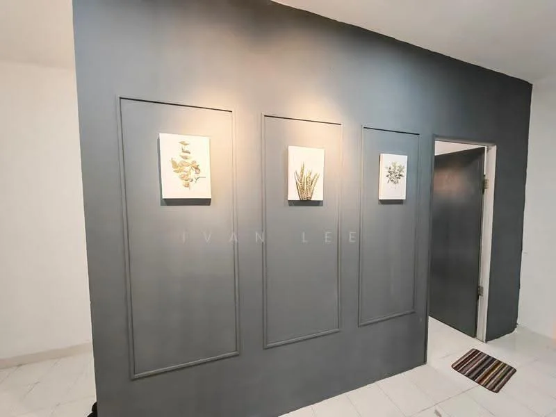 Room features: grey accent wall, three framed artworks, white painted walls, tile flooring, doorway leading to another room, decorative wall paneling, area rug; style: modern.
