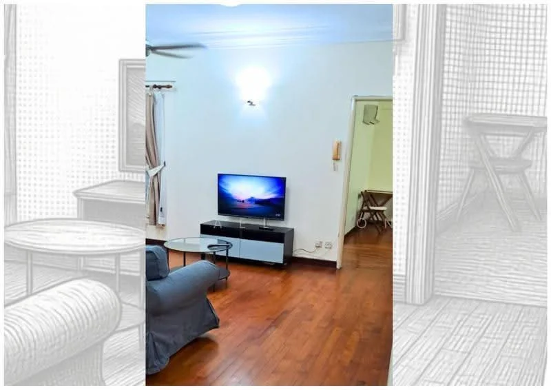 Living features: 3-seater fabric sofa in grey, coffee table, TV console, wall-mounted TV, wooden flooring, ceiling fan, light fixture on wall, curtains on windows; style: modern.