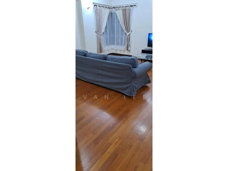 Living features: 3-seater fabric sofa in grey, hardwood flooring, floor-to-ceiling windows with sheer curtains, wall-mounted TV, TV console, decorative curtains, area rug, light fixtures; style: modern.