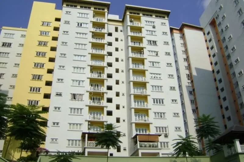 Exterior type: mid-rise condominium; features: yellow and white painted facade, multiple balconies, floor-to-ceiling windows, air conditioning units visible, manicured landscaping, surrounded by greenery, approximately 8-storey high-rise; style: modern.