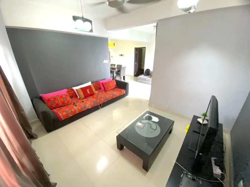 Living features: 3-seater fabric sofa with colorful cushions, glass coffee table, wall-mounted TV, cream tiled flooring, grey accent wall, brown curtains, ceiling fan, recessed downlights; style: modern.