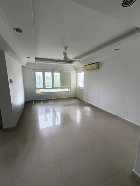 Living features: white painted walls, tray ceiling, 5-blade ceiling fan with light, wall-mounted split AC, large windows with sheer curtains, glossy tile flooring, recessed downlights, neutral color scheme; style: modern; view: garden.