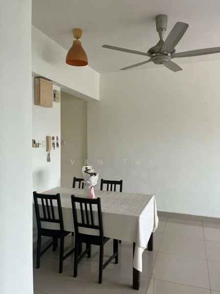 Dining features: 4-seater dining table, white tablecloth, black wooden dining chairs, ceiling fan, pendant light, white painted walls, glossy tile flooring, telephone wall unit; style: minimalist.