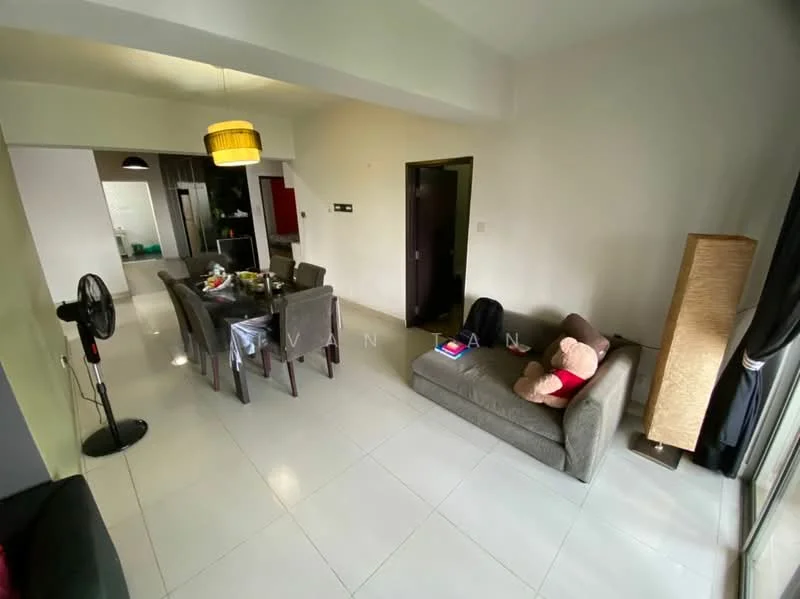 Living features: grey fabric sofa, dining table with 6 chairs, floor lamp, fan, white tiled flooring, large windows with curtains, decorative wall art, open layout to kitchen, neutral wall color; style: modern. Room features: white walls, open space, light fixture.