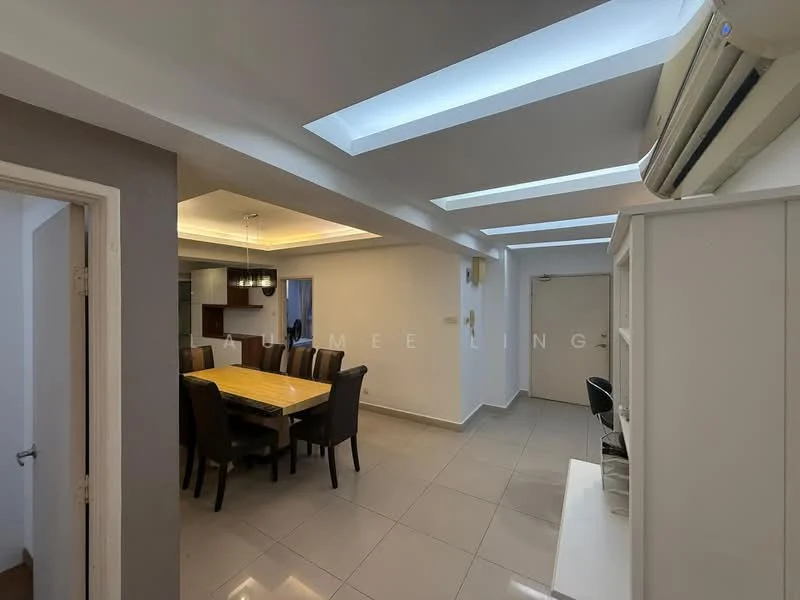 Dining features: rectangular wooden dining table, 6 upholstered dining chairs, recessed ceiling lights, air conditioning unit, white walls, grey accent wall, glossy tile flooring, open layout to kitchen, sliding door to hallway, natural light from skylights; style: modern. Room features: white walls, glossy tile flooring, recessed ceiling lights, air conditioning unit.