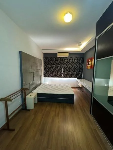 Bedroom features: queen-size bed, upholstered headboard, wooden flooring, black patterned curtains, wall-mounted air conditioning unit, built-in wardrobe with mirrored doors, side table, desk with chair, decorative artwork on wall, ceiling light fixture; style: modern.