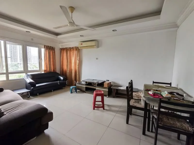Living features: 3-seater fabric sofa in black, 2-seater fabric sofa in brown, ceiling fan, air conditioning unit, floor-to-ceiling windows, curtains in orange, tile flooring, light-colored walls, coffee table, dining table with chairs, plastic stools; style: modern; view: city.