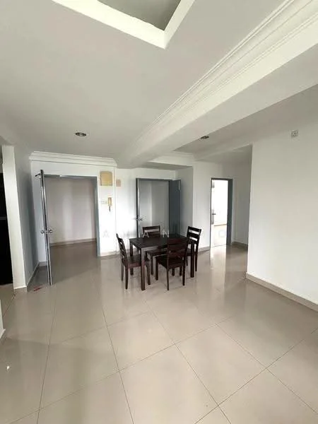 Dining features: dining table with four chairs, cream tiled flooring, white painted walls, crown moulding, recessed ceiling, two doors leading to other rooms, natural light from windows, neutral color palette; style: modern. Room features: cream tiled flooring, white painted walls, crown moulding, recessed ceiling, two doors leading to other rooms, natural light from windows.