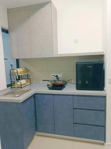 Kitchen features: grey laminate cabinetry, light grey countertop, single-bowl stainless-steel sink, chrome pull-down faucet, built-in stove, small black fridge, open shelving, wall-mounted cabinet, tile backsplash, neutral wall colour, cream floor tiles; style: modern.