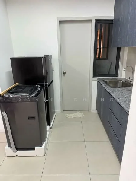 Kitchen features: grey cabinetry, granite countertop, single-bowl stainless-steel sink, chrome pull-down faucet, stainless-steel fridge, freestanding range oven, tile flooring, window with black frame, door leading to another room; style: modern.