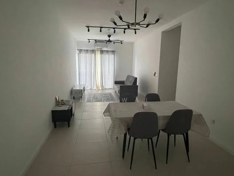 Living features: light grey walls, white ceiling, large windows with sheer curtains, grey fabric sofa, black side table, dining table with white tablecloth, 4 grey dining chairs, area rug with geometric pattern, modern chandelier with multiple bulbs, track lighting, tile flooring; style: modern.
