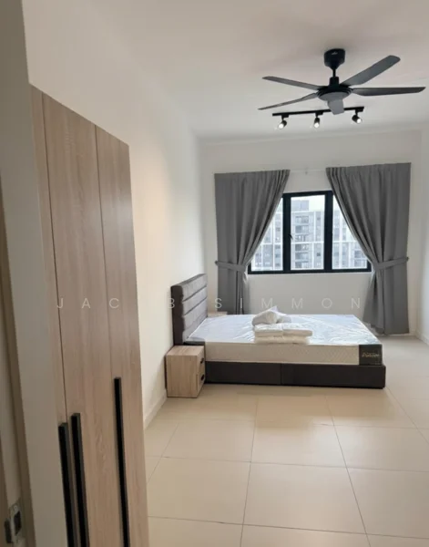 Bedroom features: queen-size bed, upholstered headboard, bedside table, 5-blade ceiling fan with light, floor-to-ceiling windows, grey curtains, light-colored tiled flooring, neutral wall color; style: modern.