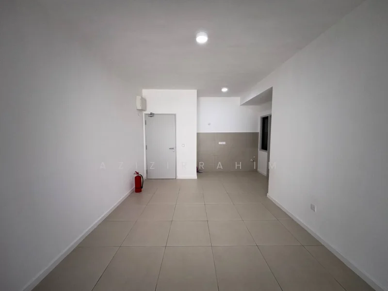 Room features: white painted walls, tile flooring, recessed downlights, single door, fire extinguisher, window, neutral color scheme, open layout; style: modern.