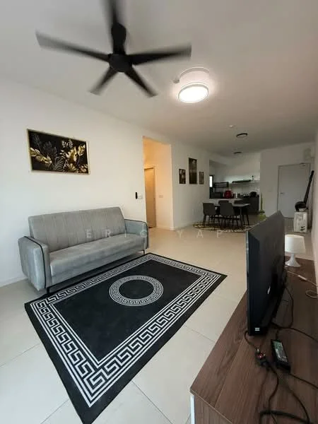 Living features: 3-seater fabric sofa in grey, area rug with geometric pattern in black and white, wall-mounted TV, TV console, ceiling fan, recessed downlights, white painted walls, tile flooring, decorative artwork on walls; style: modern.