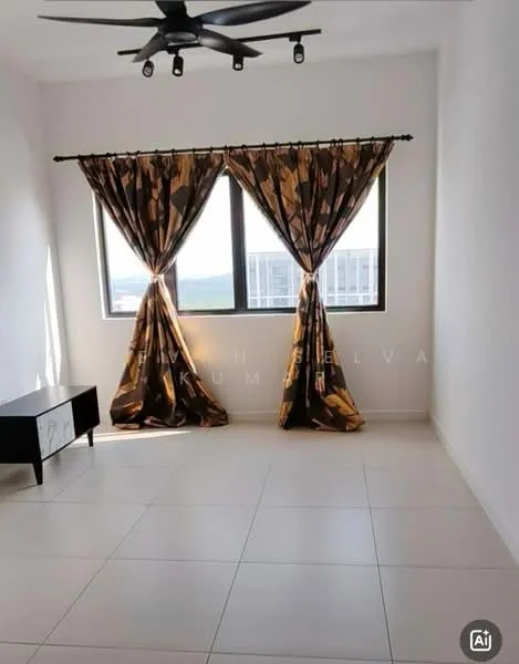 Room features: white painted walls, large windows, floor-to-ceiling windows, black ceiling fan, light-colored tile flooring, curtains with floral pattern, black TV console, natural light from windows; style: modern; view: city.