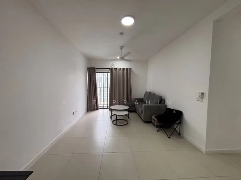 Living features: light grey fabric sofa, round coffee table, black folding chair, white painted walls, tile flooring, ceiling fan, floor-to-ceiling windows, curtains, LED ceiling light; style: modern.