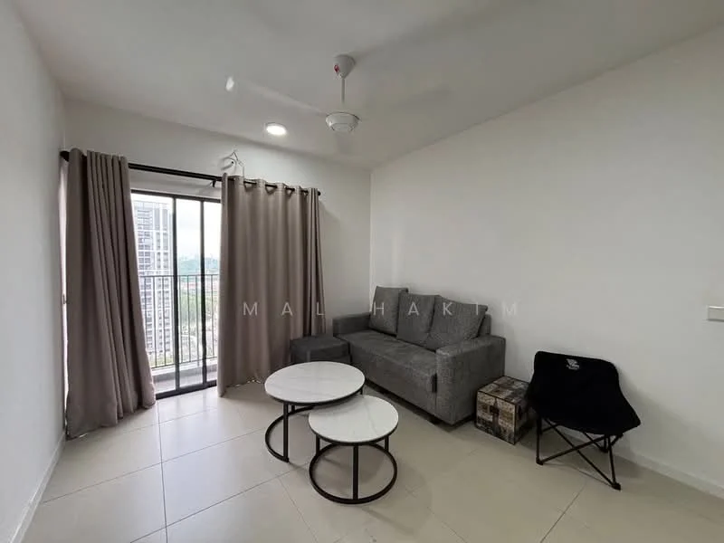 Living features: grey fabric sofa, 2 round coffee tables with black metal frames, floor-to-ceiling windows, sliding glass door, sheer curtains, white painted walls, light-colored tile flooring, ceiling fan with light; style: modern; view: city.