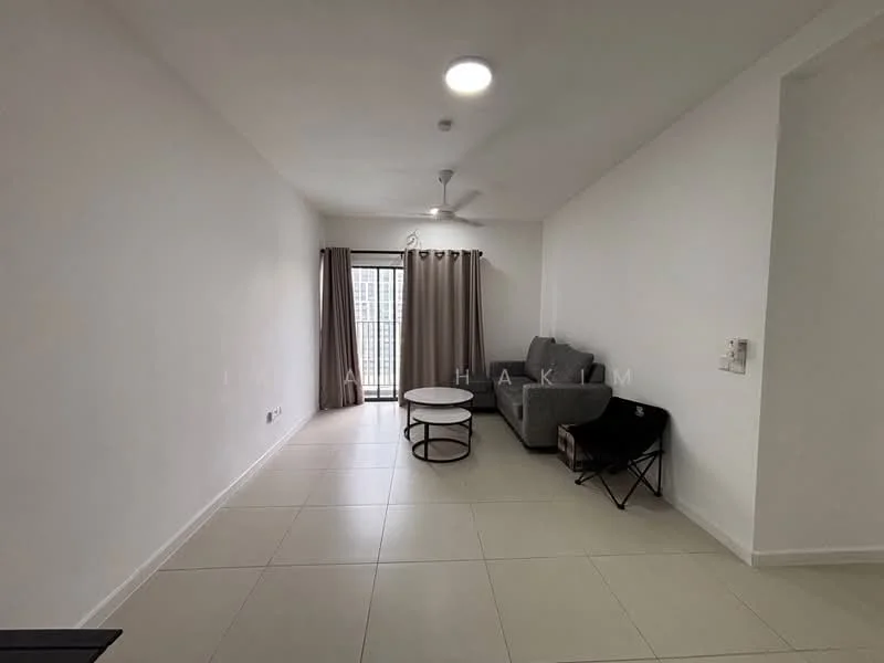 Living features: white painted walls, tile flooring, 5-blade ceiling fan with light, sofa in grey, round coffee table, curtains, floor-to-ceiling windows, balcony access; style: modern; view: city.
