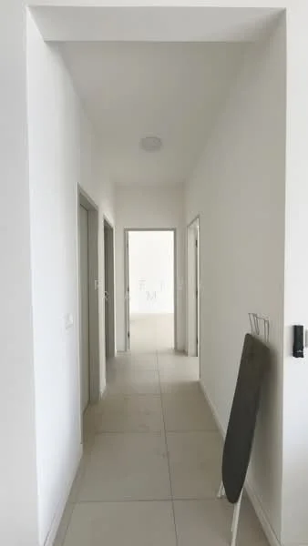 Hallway features: white painted walls, tile flooring, recessed ceiling light, door frames, open doorways, neutral color scheme; style: modern.