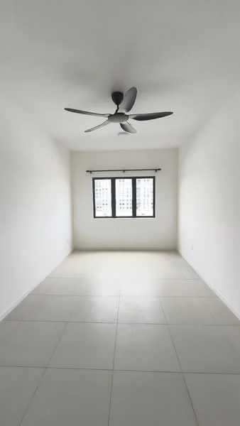 Room features: white painted walls, tile flooring, 5-blade ceiling fan, floor-to-ceiling windows, black window frames, natural light, no visible furniture, neutral color scheme; style: minimalist; view: city.