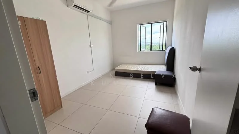 Bedroom features: single bed frame, mattress, wooden wardrobe, tile flooring, air conditioning unit, window with view, light-colored painted walls, brown upholstered headboard, small brown ottoman; view: city.