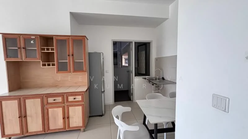 Kitchen features: wooden cabinetry with glass-front upper cabinets, white tiled backsplash, stainless-steel fridge, single-bowl stainless-steel sink, chrome pull-down faucet, countertop with beige surface, dining table with white chairs, floor tiles in light grey, window with black frame, open layout; style: modern.