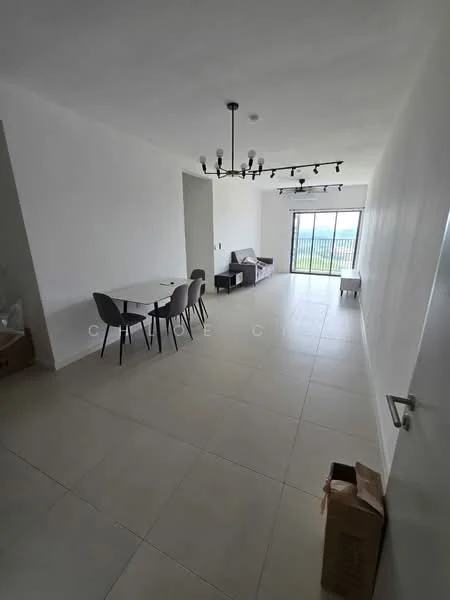 Living features: white painted walls, tile flooring, 5-blade ceiling fan with light, dining table with 4 chairs, sofa, sliding glass door, floor-to-ceiling windows, natural light from windows, light fixture with multiple bulbs, open layout; style: modern; view: city.