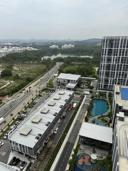 Exterior type: high-rise condominium; features: swimming pool, landscape garden, manicured lawn, children's playground, multi-storey car park, open-air parking lot, surrounded by greenery, adjacent to main road; style: modern.