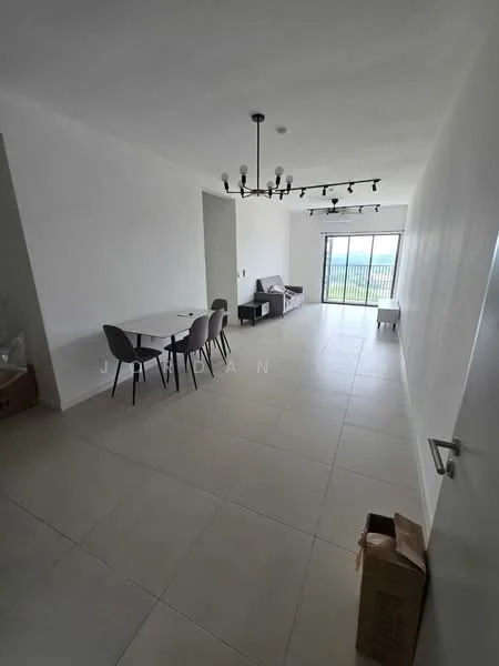 Living features: white painted walls, tile flooring, 5-blade ceiling fan with light, dining table with 4 chairs, sofa, floor-to-ceiling sliding glass door, curtains, open layout, natural light, decorative light fixture; style: modern; view: city.