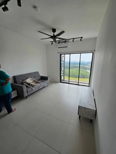 Living features: grey fabric sofa, marble-top console table, floor-to-ceiling sliding glass door, white painted walls, light-colored tile flooring, 5-blade ceiling fan, air conditioning unit, view of the city skyline; style: modern; view: city.