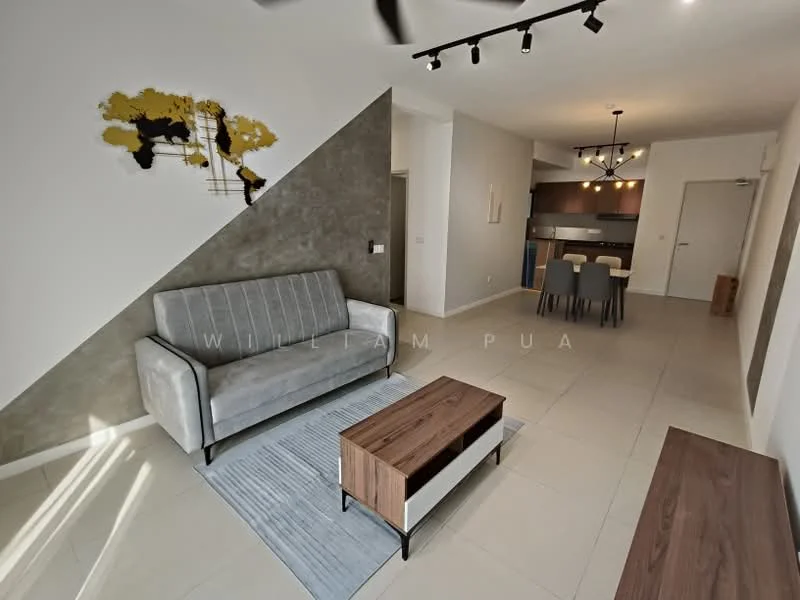 Living features: grey fabric 3-seater sofa, wood coffee table, area rug with geometric pattern, wall-mounted TV, recessed LED downlights, ceiling fan, decorative wall art, light-colored tiled flooring, exposed concrete accent wall, open layout to kitchen, large windows for natural light; style: modern. Kitchen features: kitchen island with seating, stainless-steel appliances, dark cabinetry, white countertops, open shelving, pendant lighting, tile backsplash; style: modern.