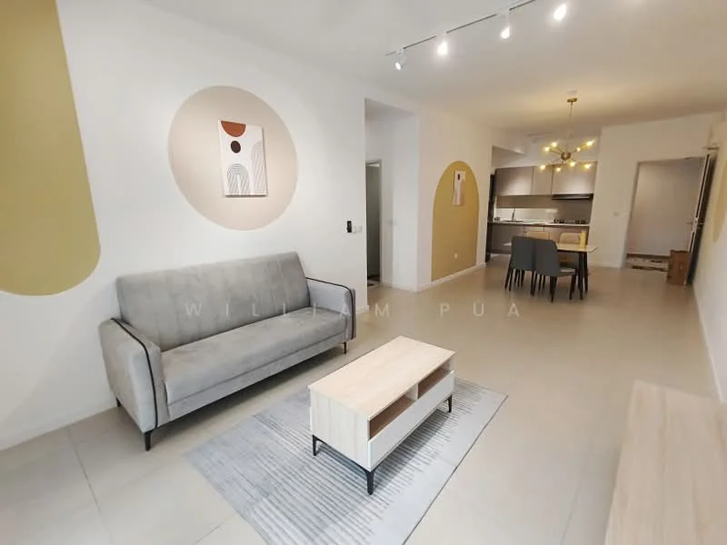 Living features: grey fabric 3-seater sofa, light wood coffee table, area rug with geometric pattern, white painted walls, accent wall with beige and gold shapes, recessed LED downlights, pendant light fixture, floor-to-ceiling windows, tile flooring; style: modern. Dining features: dining table with chairs, open-plan layout, kitchen visible in background; style: modern.
