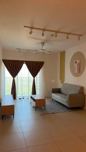 Living features: 3-seater fabric sofa in grey, 2 wooden coffee tables, area rug, floor-to-ceiling windows, sheer curtains, dark brown drapes, recessed downlights, ceiling fan, decorative wall art, light-colored walls, tile flooring; style: modern; view: garden.
