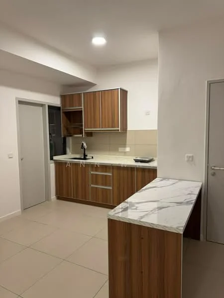 Kitchen features: laminate cabinetry in wood finish, white countertop with marble pattern, single-bowl stainless-steel sink, chrome pull-down faucet, built-in oven, ceramic tile flooring, recessed downlights, wall-mounted cabinets, neutral painted walls, window for natural light; style: modern.