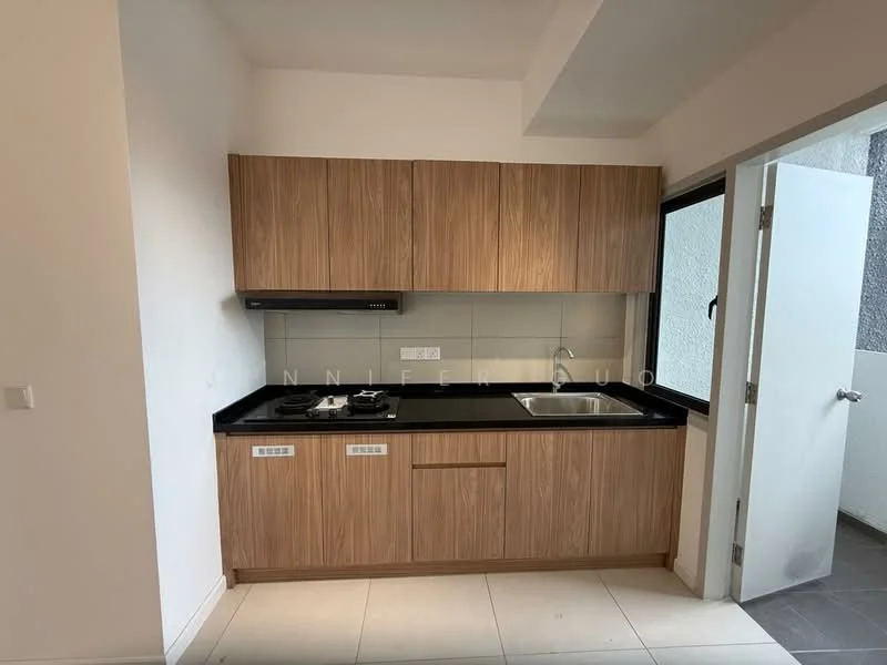 Kitchen features: wood cabinetry, black countertop, single-bowl stainless-steel sink, chrome pull-down faucet, built-in stove, wall-mounted range hood, tile backsplash, ceramic tile flooring, window with view, light-colored walls; style: modern.