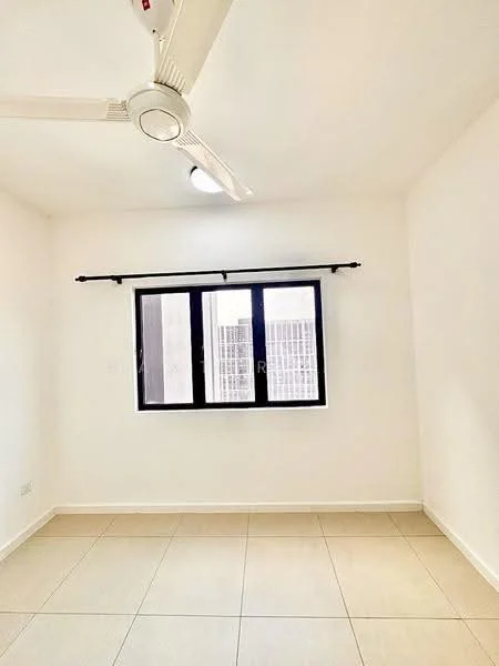 Room features: white painted walls, ceiling fan, window with black frame, tile flooring, light fixture on ceiling.