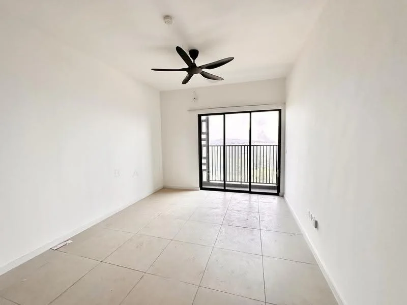 Living features: white painted walls, tile flooring, 5-blade ceiling fan, floor-to-ceiling sliding glass door, black metal railing on balcony, natural light from balcony, no visible furniture, neutral color scheme; style: modern.