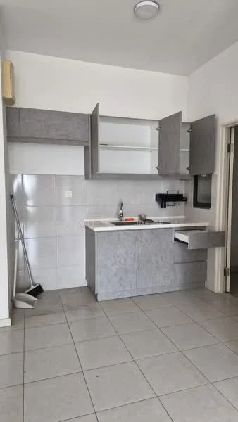 Kitchen features: grey cabinetry, white countertop, single-bowl stainless-steel sink, chrome pull-down faucet, built-in microwave, ceramic tile flooring, white tiled backsplash, open shelving, recessed ceiling light; style: modern.