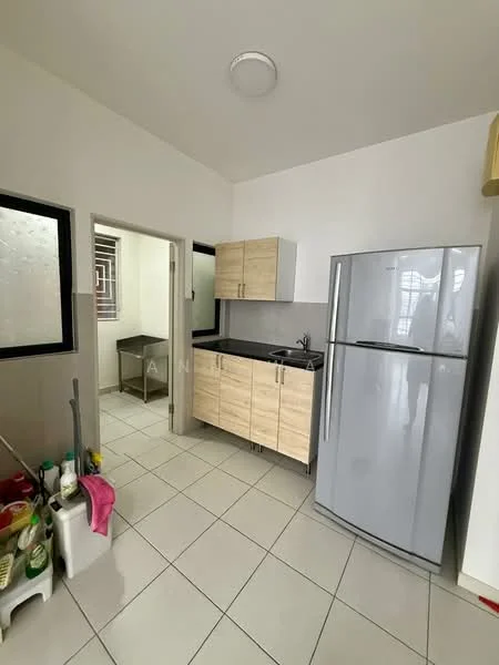 Kitchen features: light wood cabinetry, black countertop, stainless-steel fridge, single-bowl stainless-steel sink, chrome pull-down faucet, white tiled flooring, white painted walls, window with frosted glass, wall-mounted cabinet, open shelving, cleaning supplies storage, counter space, kitchen area with natural light; style: modern.