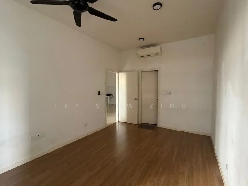 Room features: light wood laminate flooring, white painted walls, ceiling fan, wall-mounted air conditioning unit, single door, door frame, light fixtures, no visible furniture; style: minimalist.