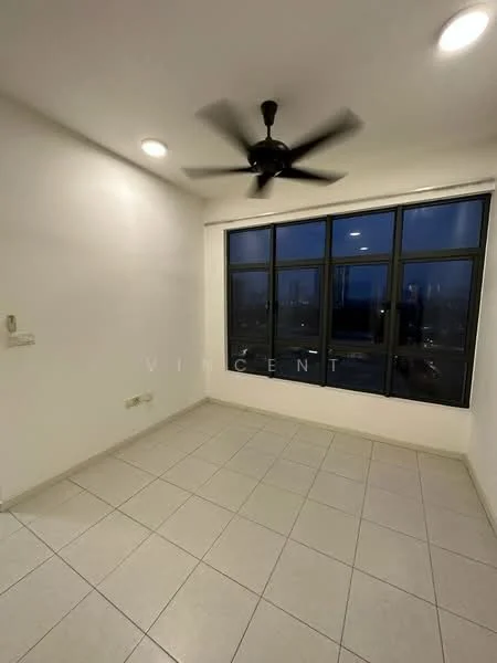 Room features: white painted walls, tile flooring, 5-blade ceiling fan, floor-to-ceiling windows, black window frames, neutral color scheme, no visible furniture, evening lighting; style: modern; view: city.