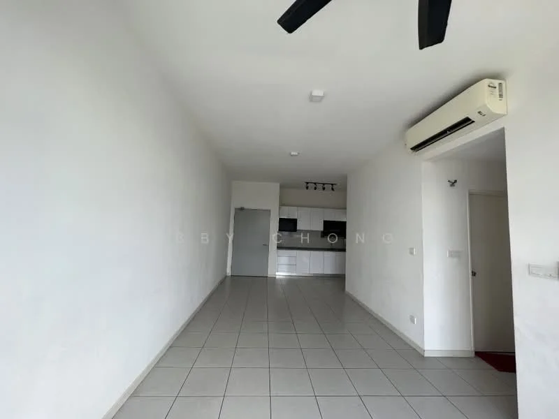 Living features: white painted walls, ceramic tile flooring, ceiling fan, wall-mounted split AC, recessed downlights, open layout, doorway to kitchen, doorway to hallway.