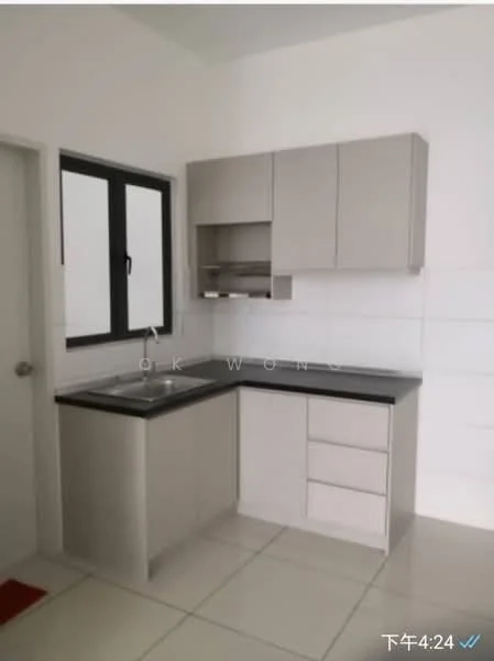 Kitchen features: L-shaped kitchen layout, grey cabinetry, black countertop, single-bowl stainless-steel sink, chrome pull-down faucet, wall-mounted upper cabinets, white tiled backsplash, white tiled flooring, window above sink, built-in shelving, drawer storage, open space for appliances; style: modern.