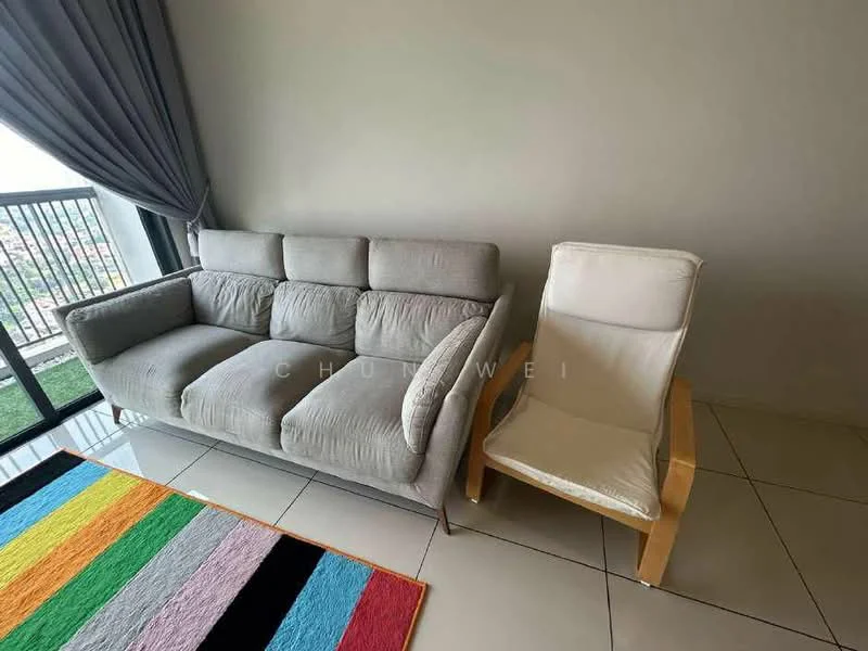 Living features: grey fabric 3-seater sofa, white armchair with wooden frame, colorful area rug with stripes, floor-to-ceiling windows, curtains, glossy tile flooring, city view, neutral painted walls; style: modern; view: city.